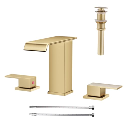 AVSIILE Waterfall Bathroom Faucet 3 Hole, Brushed Gold 8 Inch Widespread Modern 3 Piece Bathroom Sink Faucets & Parts, Touch On Lavatory Faucet for Bathroom Vanity - color: Brushed Gold, style: Straight Spout