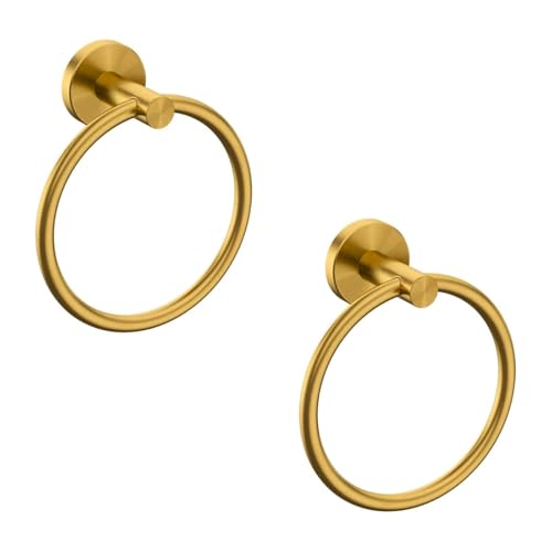USHOWER 2 Pack Brass Gold Towel Ring | Hand Towel Holder for Bathroom Wall Mounted, Durable 304 Stainless Steel, Modern Style - color: Brass Gold