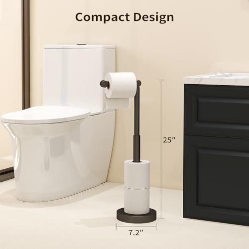 YUMORE Toilet Paper Holder Stand, 25" 4.5lbs Heavy Duty Freestanding Roll Dispenser with Storage, Open-Ring Stainless Steel Bathroom Tissue Organizer (Black) - color: Black