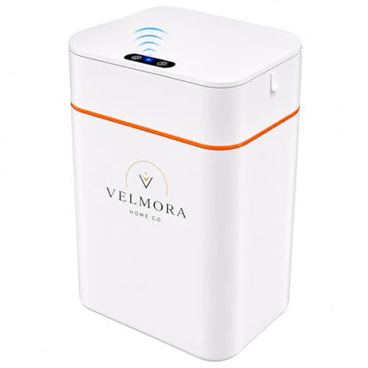 VELMORA Home CO. 13L Motion Sensor Trash Can – Touchless Automatic Lid Garbage Bin for Bathroom, Bedroom & Office – Slim Modern Wastebasket with Lid, White