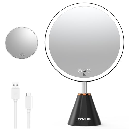 FRANO 10.5" Makeup Mirror with Lights, CRI≥90 True-Sunlight, 3 Colors & Stepless Dimming, Extra 10X Magnifying Spot Mirror, Rechargeable Vanity Light Up Mirror, Gifts for Women - color: Black