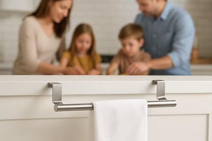 Over Cabinet Towel Bar with Hooks, 14 Inch | Brushed Stainless Steel Over The Door Towels Rack for Home Kitchen Inside Outside Cabinets Doors Hand Dish Towels Washcloths
