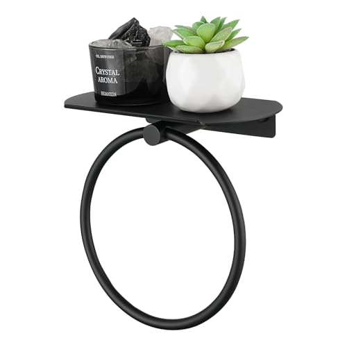 Hand Towel Ring with Shelf, Matte Black, 304 Stainless Steel | 8.07-Inch Storage Surface, Raised Back Edge, 180° Swivel Motion, Phone Storage, Modern Bathroom Upgrade, Small-Space Use - color: Matte Black