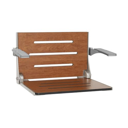 Seachrome Silhouette Comfort Folding Wall Mount Shower Bench Seat with Arms, Rustic Teak Seat with Silver Frame - color: Rustic Teak With Silver Frame