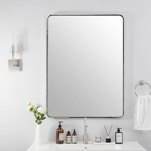ANDY STAR 40”X30” Chrome Bathroom Mirror, Polished Chrome Bathroom Vanity Mirror, Rounded Rectangle Mirrors for Wall, SUS304 Anti-Rust Tube Metal Frame, Wall Mounted Horizontal/Vertical 1’’ Deep - color: Polished Chrome, size: 40"L x 30"W