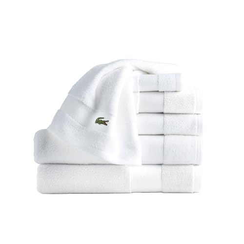 Lacoste Sport Stripe 6-Piece Luxury Cotton Towel Set – Made with 100% Soft Supima Cotton, Absorbent & Quick-Drying, Includes 2 Bath Towels, 2 Hand Towels, 2 Washcloths, White - color: White