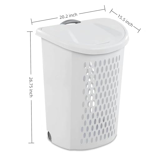 2-Bushel Rolling Plastic Laundry Basket with Wheels & Lid, White | Heavy-duty build, retractable pull handle, ideal for dorm rooms & apartment laundry storage