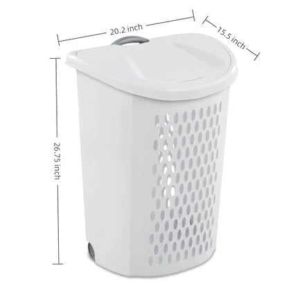2-Bushel Rolling Plastic Laundry Basket with Wheels & Lid, White | Heavy-duty build, retractable pull handle, ideal for dorm rooms & apartment laundry storage