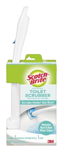 Scotch-Brite Disposable Toilet Scrubber Starter Kit, 5 Pack | Disposable Refills with Built-In Bleach Alternative, Includes 1 Handle, Storage Caddy and 5 Refills