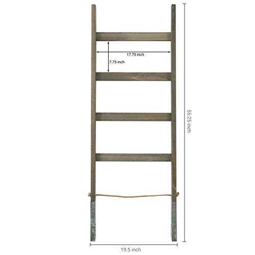 MyGift 55'' Wood Wall Leaning Blanket Ladder with 4 Rung, Farmhouse Living Room and Bathroom Towel Rack with Decorative Rustic Galvanized Silver Metal Legs and Rope - color: Gray Brown