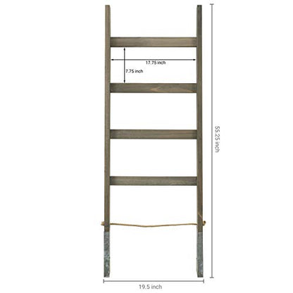 MyGift 55'' Wood Wall Leaning Blanket Ladder with 4 Rung, Farmhouse Living Room and Bathroom Towel Rack with Decorative Rustic Galvanized Silver Metal Legs and Rope - color: Gray Brown