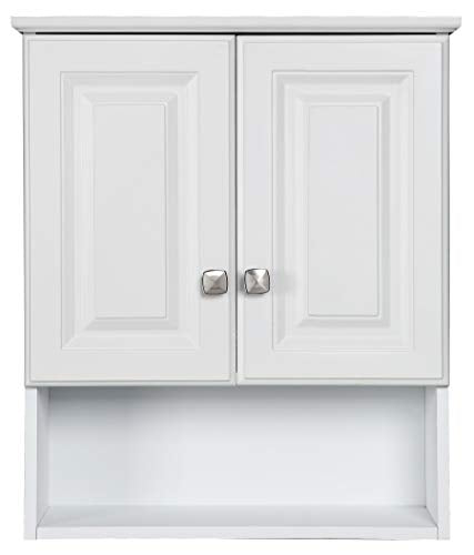 Design House Wyndham Wall Cabinet, 2 Doors, 1 Adjustable Interior Shelf, Bottom Display Shelf, Satin Nickel Hardware, Easy Assembly, Bath Cabinet, White, 8 in L x 22 in W x 26 in H, 597310 | Adjustable Shelves, Adjustable Hinges, Wall Mount, Traditional,