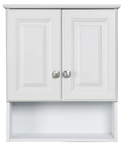 Design House Wyndham Wall Cabinet, 2 Doors, 1 Adjustable Interior Shelf, Bottom Display Shelf, Satin Nickel Hardware, Easy Assembly, Bath Cabinet, White, 8 in L x 22 in W x 26 in H, 597310 | Adjustable Shelves, Adjustable Hinges, Wall Mount, Traditional,