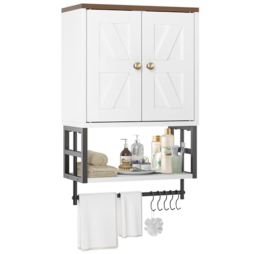Bathroom Wall Cabinet, Farmhouse Medicine Storage with Towel Bar, White | 2 Doors, Adjustable Shelves & 5 Hooks. Space-Saving Wall Storage for Over Toilet, Laundry, Kitchen, Living Room - color: 1-white, size: 15.79" L