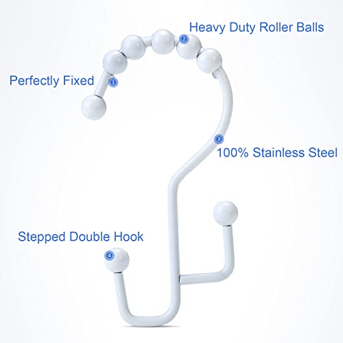 Shower Curtain Rings, SUTINE Double Shower Curtain Hooks, Rust-Resistant Metal Shower Curtain Rings, Free Sliding Stainless Steel Shower Hooks for Shower Curtains & Liners, 12pcs-White - color: White
