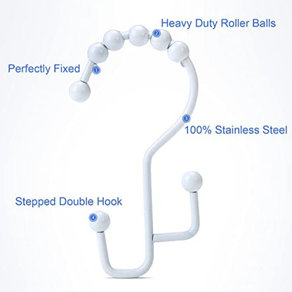 Shower Curtain Rings, SUTINE Double Shower Curtain Hooks, Rust-Resistant Metal Shower Curtain Rings, Free Sliding Stainless Steel Shower Hooks for Shower Curtains & Liners, 12pcs-White - color: White
