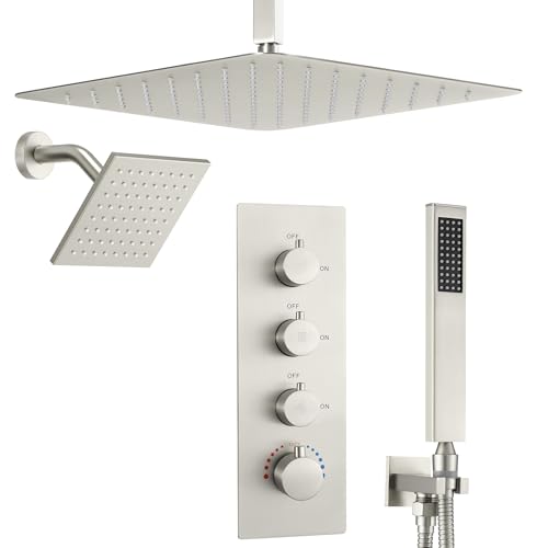 16" Thermostatic Dual Rainfall Head Shower System with Handheld & Valve, 16” Ceiling Shower Faucet Set with 6-Inch Shower Head, JetsBath Brushed Nickel Full Body Shower System for Couples/ 2-Person - color: Brushed Nickel