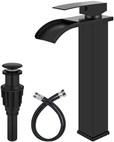 Matte Black Waterfall Vessel Sink Faucet,Tall Bathroom Faucet | Single-Handle Single-Hole Lavatory Vanity Sink Faucet Mixer Tap Includes Pop-Up Drain and Supply Lines - color: Matte Black