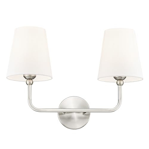 2-Light Brushed Nickel Bathroom Vanity Light, White Fabric Shades | 17" double wall sconce, upward only, E26 base, hardwired, bulbs not included, VL837-BN-2 - color: Brushed Nickel, size: 2-light