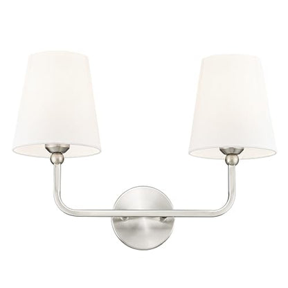 2-Light Brushed Nickel Bathroom Vanity Light, White Fabric Shades | 17" double wall sconce, upward only, E26 base, hardwired, bulbs not included, VL837-BN-2 - color: Brushed Nickel, size: 2-light