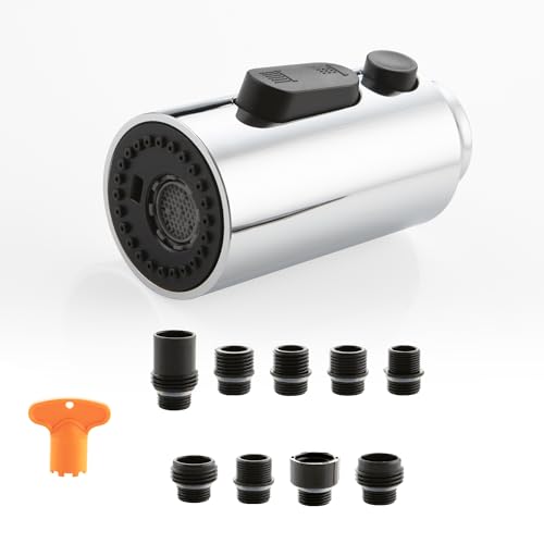 Pull Down Faucet Head Replacement Chrome, Pull Out Kitchen Faucet Spray Head Sprayer Sink Nozzle with 9 Faucet Adapter, American Standard for G1/2 Male Connector - color: Polished Chrome