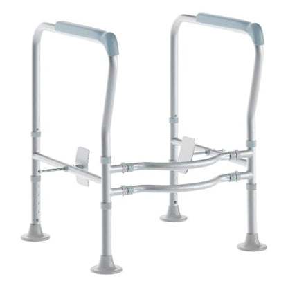 Pemberly Row Adjustable Toilet Safety Rail, Steel Frame with Gray Padded Handles, 23.5-27.25"W x 21.5"D x 26.25-30"H, Lightweight, Suction Cup Feet, Tool-Free Assembly, Elderly or Disabled Use