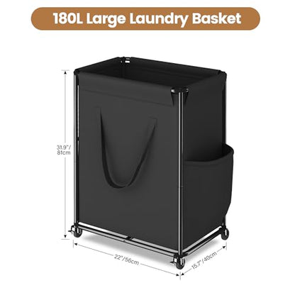 Homeiju 180L Large Laundry Hamper with Wheels, Rolling Laundry Basket with Metal Frame and Removable Bag Design, Dirty Clothes Laundry Cart for Bathroom, Dorm Room, Laundry Room, Black - color: Black