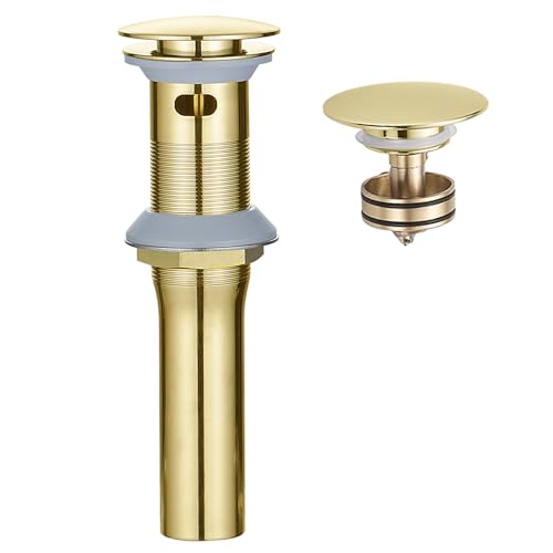 BWE One-Piece Pop-Up Sink Drain, Brushed Gold, with Overflow, Brass | One-Piece Pop-Up Design, Fits 1.65–1.97 in Drain Holes, With Overflow, All Gaskets & Seals Included, Corrosion-Resistant - color: Golden, size: With Overflow