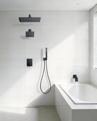 Rain Shower System with Rough-in Valve, Wall Mount Shower Faucet Set with 12" & 6" Dual Rain Shower Heads, 2-in-1 Handheld Shower, Tub Spout, 4-Function Complete Shower Fixture, Matte Black - color: Matte Black, size: Wall Mount-12"+6" head with Tub Spout