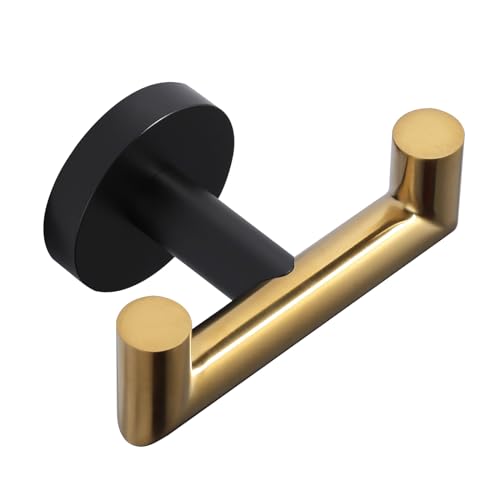 Shower Towel Hook, Wall Mount Robe Hook Holder, Black Gold | Stainless Steel Material, Double Hooks Design, Rust-Resistant, Strong Load-bearing Capacity - color: Black & Gold