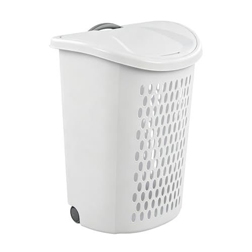 White Laundry Basket, Lid & Wheeled Plastic Laundry Hamper, Hamper with Retractable Handle, Rolling Laundry Hamper for Room, Bathroom, Dormitory, Bedroom