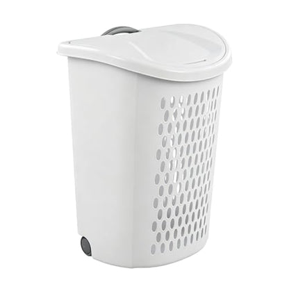 White Laundry Basket, Lid & Wheeled Plastic Laundry Hamper, Hamper with Retractable Handle, Rolling Laundry Hamper for Room, Bathroom, Dormitory, Bedroom