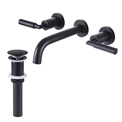 RBROHANT Black Wall Mount Faucet with Pop up Drain Set for Sink Without Overflow, Matte Black Dual Handle Wall Mounted Bathroom Sink Faucet, Brass Rough-in Valve Included, RB0735D - color: Matte Black, style: Lever Handle Faucet with Drain