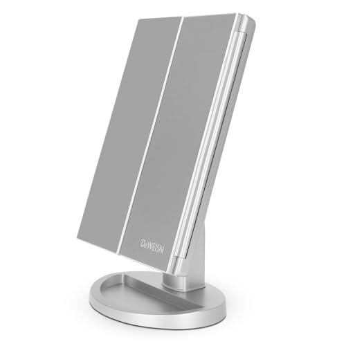Dresser Mount Tri-Fold Lighted Vanity Mirror with 21 LED Lights, Touch Screen and 3X/2X/1X Magnification, Two Power Supply Modes Make Up Mirror,Travel Mirror - color: Silver