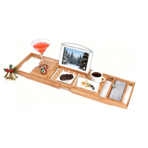 Utoplike Bamboo Bathtub Caddy Tray for Tub, Adjustable Bath Table | Bathroom Organizer with Book Tablet, Wine Glass Cup, Towel Holder - color: Natural