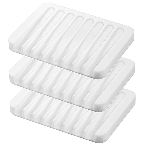 Self Draining Soap Dishes, 3 Pcs Silicone Soap Saver, Waterfall Drainer Soap Holder for Bathroom, Extend Soap Life, Keep Soap Bars Dry Clean & Easy Cleaning (White) - color: White