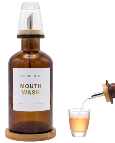 11.8OZ Glass Mouthwash Dispenser for Bathroom, Amber | Stainless Steel & Bamboo Nozzle, Reusable Mouthwash Cup, Bamboo Tray, Elegant Gold Sticker - color: Amber/350*1