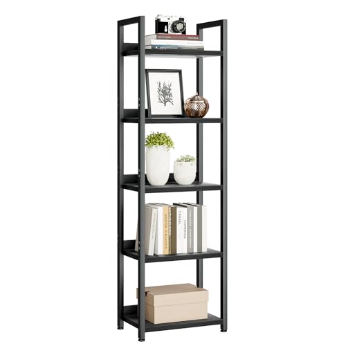 NUMENN Narrow Bookshelf, 5 Tier Bookshelves, Home Office Bookcase Shelf Storage Organizer, Free Standing Storage Shelving Unit for Bedroom, Living Room and Home Office, Black | Metal Frame & Wood Shelves, Falling Prevention Baffle, Open Storage Bookcase f