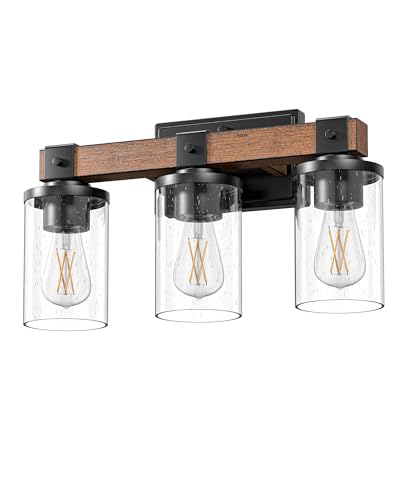 EDISHINE 3-Light Painted Wood Farmhouse Vanity Light, Bubble Glass Shade | Up & Down Reversible Mounting, E26 Base, Industrial Farmhouse Design, Wall Sconces Lamp for Bedroom, Powder Room - size: 3-Light with Bubble Glass Shade