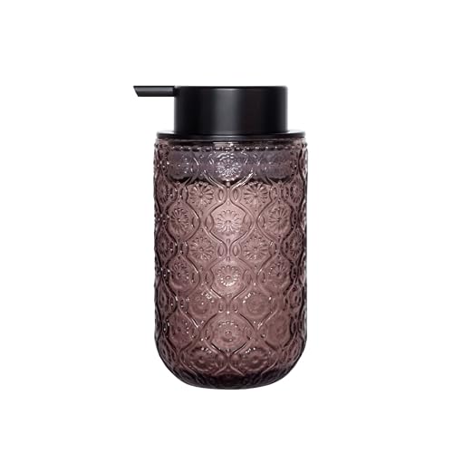 13.5 oz Glass Soap Dispenser, Luxurious Floral Embossed Glass Bathroom Countertop Foaming Pump for Kitchen Vanity (Pink) - color: Pink