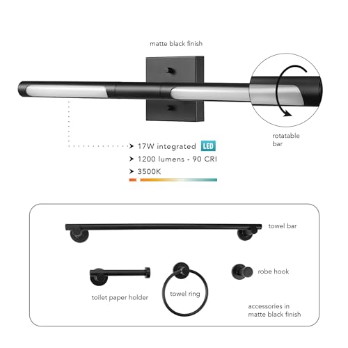 Globe Electric 63000203 5-Piece All-in-One Bathroom Set, 2-Light LED Vanity Light, Matte Black, 1200 Lumen, Towel Bar, Robe Hook, Toilet Paper Holder, Towel Ring, Bathroom Lights Over Mirror - color: Matte Black