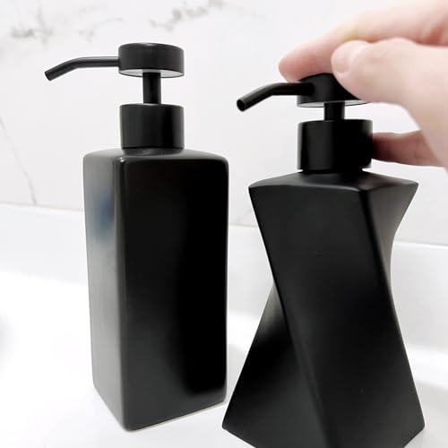 Modern Black Soap Dispenser with Black Stainless Steel Pump, 8.5oz | Modern Mid Century Decor, Matte Black Pump, Unique Twisted Liquid Soap Dispenser for Bathroom & Kitchen