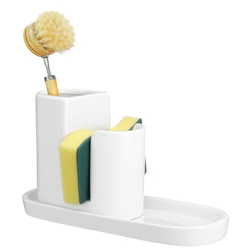 3 in 1 Ceramic Kitchen Sink Caddy Dish Sponge Holder Scrub Brush Holder and Soap Tray for Kitchen Organizer White Rustic Farmhouse Supplies(White) - color: white