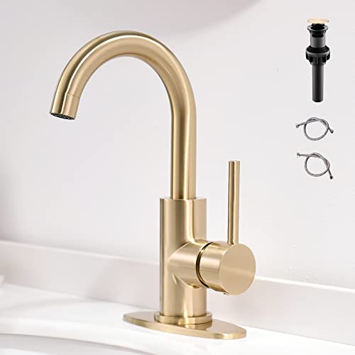 Gold Bathroom Faucets with Pop-Up Drain, Modern Single Hole Bathroom Sink Faucet with Deck Plate Single Handle Lavatory Faucets Brushed Gold Bar Vanity Faucet - color: Light Gold