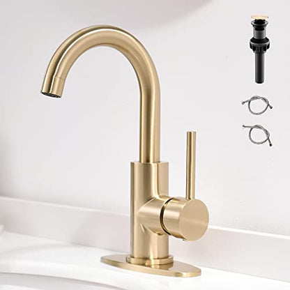 Gold Bathroom Faucets with Pop-Up Drain, Modern Single Hole Bathroom Sink Faucet with Deck Plate Single Handle Lavatory Faucets Brushed Gold Bar Vanity Faucet - color: Light Gold