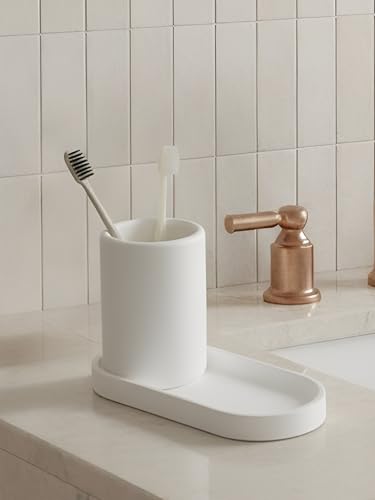 Diatomite Toothbrush Holder with Tray Set – Quick Dry Water Absorbent Stone Bathroom Counter Organizer – Minimalist Diatomaceous Earth Toothbrush Cup&Vanity Tray for Sink, Toothpaste & Accessories - size: Large Set