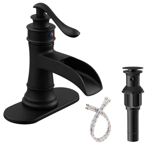 Waterfall Bathroom Sink Faucet Black Bathroom Faucet 1 Hole | Single Handle,with Pop Up Drain Stopper Vanity Water Supply Hose,Lead-Free Solid Brass,Farmhouse Faucet Deck Mount - color: Black