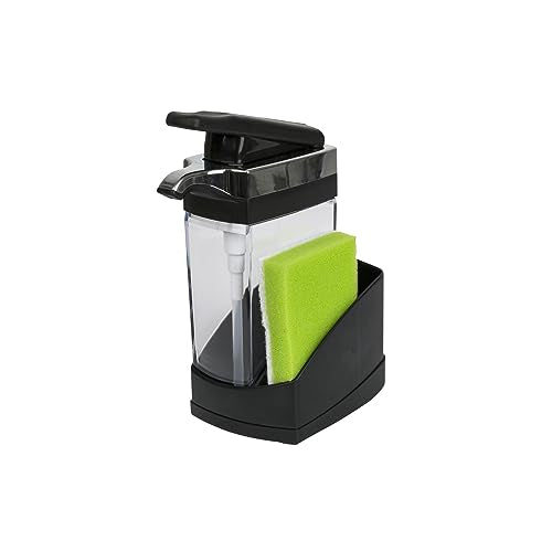 Casabella Sink Sider Solo Kitchen Soap Pump and Sponge Caddy, Black/Chrome - 2-in-1 Soap and Sponge Caddy, One-Hand Soap Dispensing, Ergonomic Design, Easy to Refill and Clean, Efficient Size - color: Black/Chrome