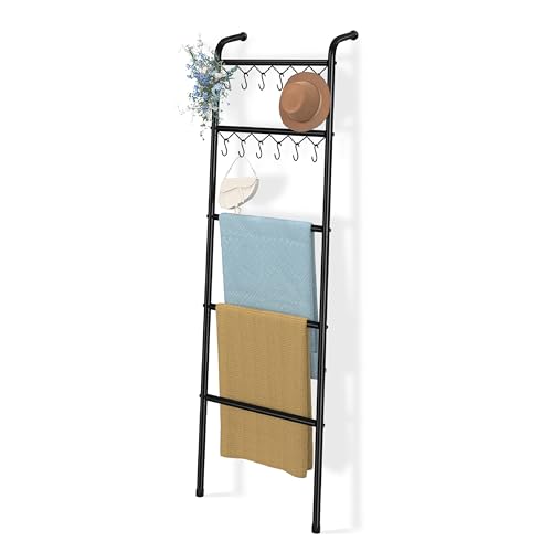 Simple Trending Blanket Ladder, 5 Tier Metal Towel Rack with 12 Hooks, 79'' Metal Style Decorative Ladder for Living Room Bedroom Bathroom Home Decor, Black