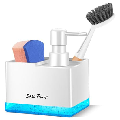 Dish Soap Dispenser with Sponge Holder, Small Hand Soap Dispenser with Sponge Caddy and Brush Holder, 3-in-1 Countertop Organizer for Kitchen Sink and Bathroom (White) - color: White